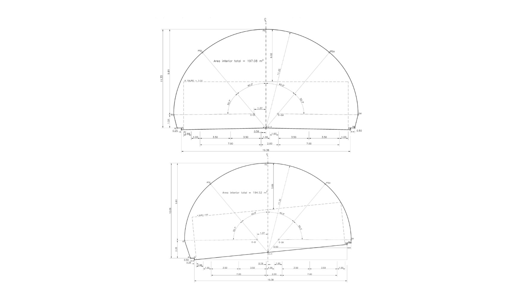 Figura 1. Secciones interiores para tangente y curva segn el proyecto original