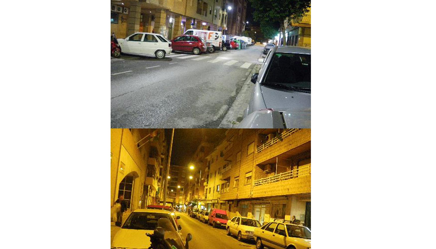 Una calle iluminada con luz blanca (luminarias LED) y otra con luz amarillo-sodio (lmparas de sodio alta presin). Imagen: UGR...