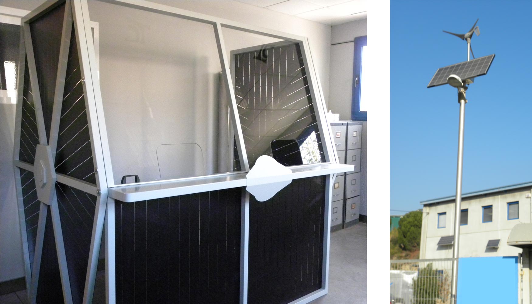 Algunas de las piezas realizadas ya con la nueva Nukon. Un puesto de venta con aires de StarWars y una farola solar, instalada en la propia empresa...