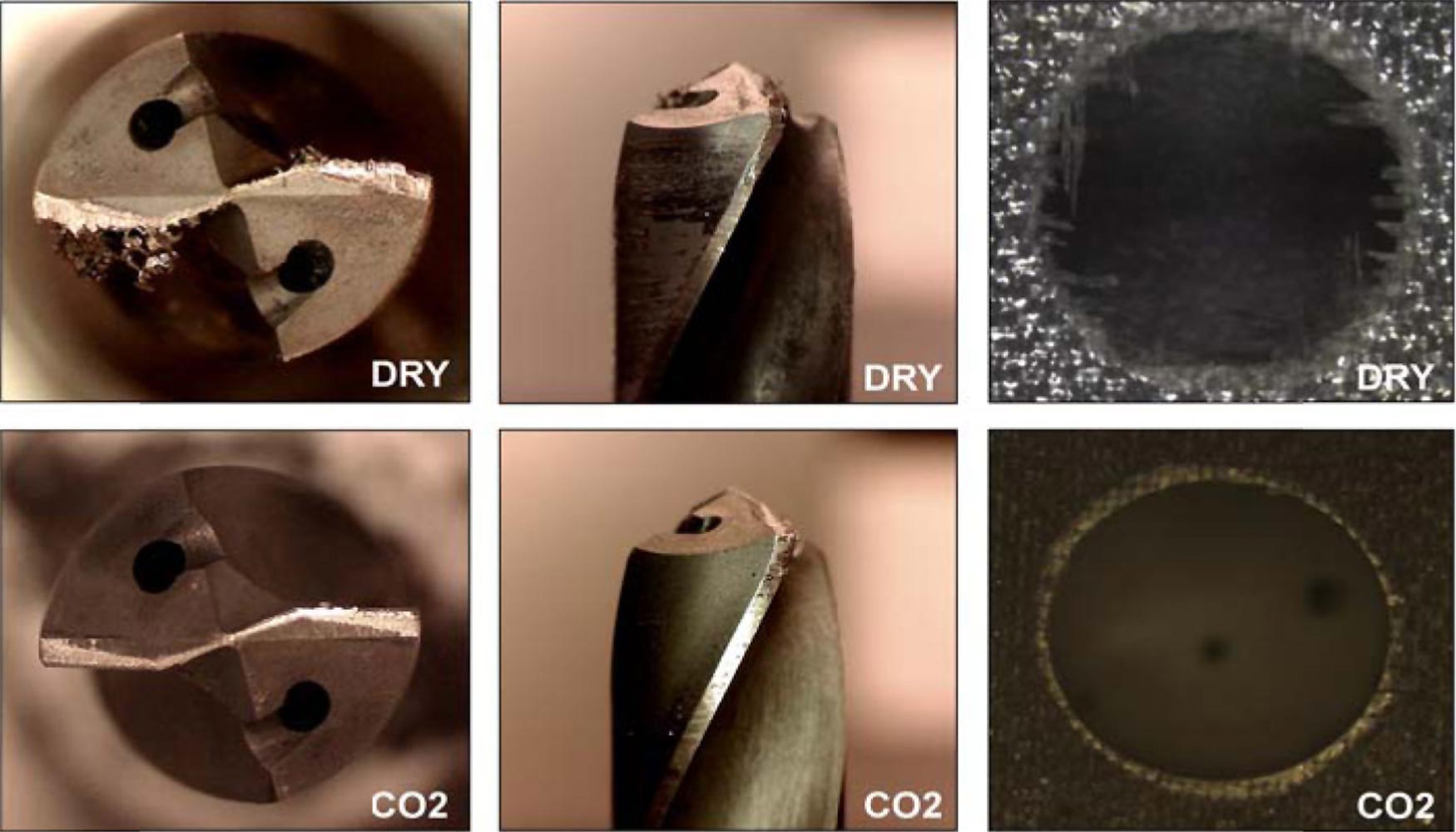 Figura 5. Desgaste producido en la herramienta para el mismo nmero de agujeros utilizando taladrado en seco y con CO2...