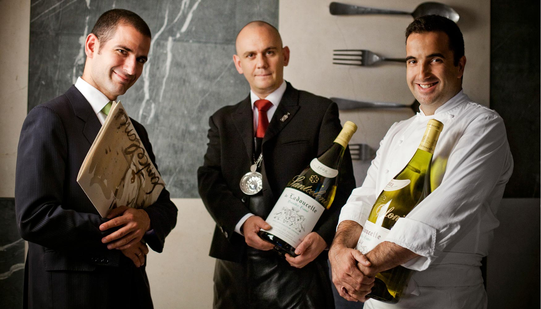 Abel Valverde (sala), David Robledo (bodega) y scar Velasco (cocina), el equipo del Restaurante Santceloni