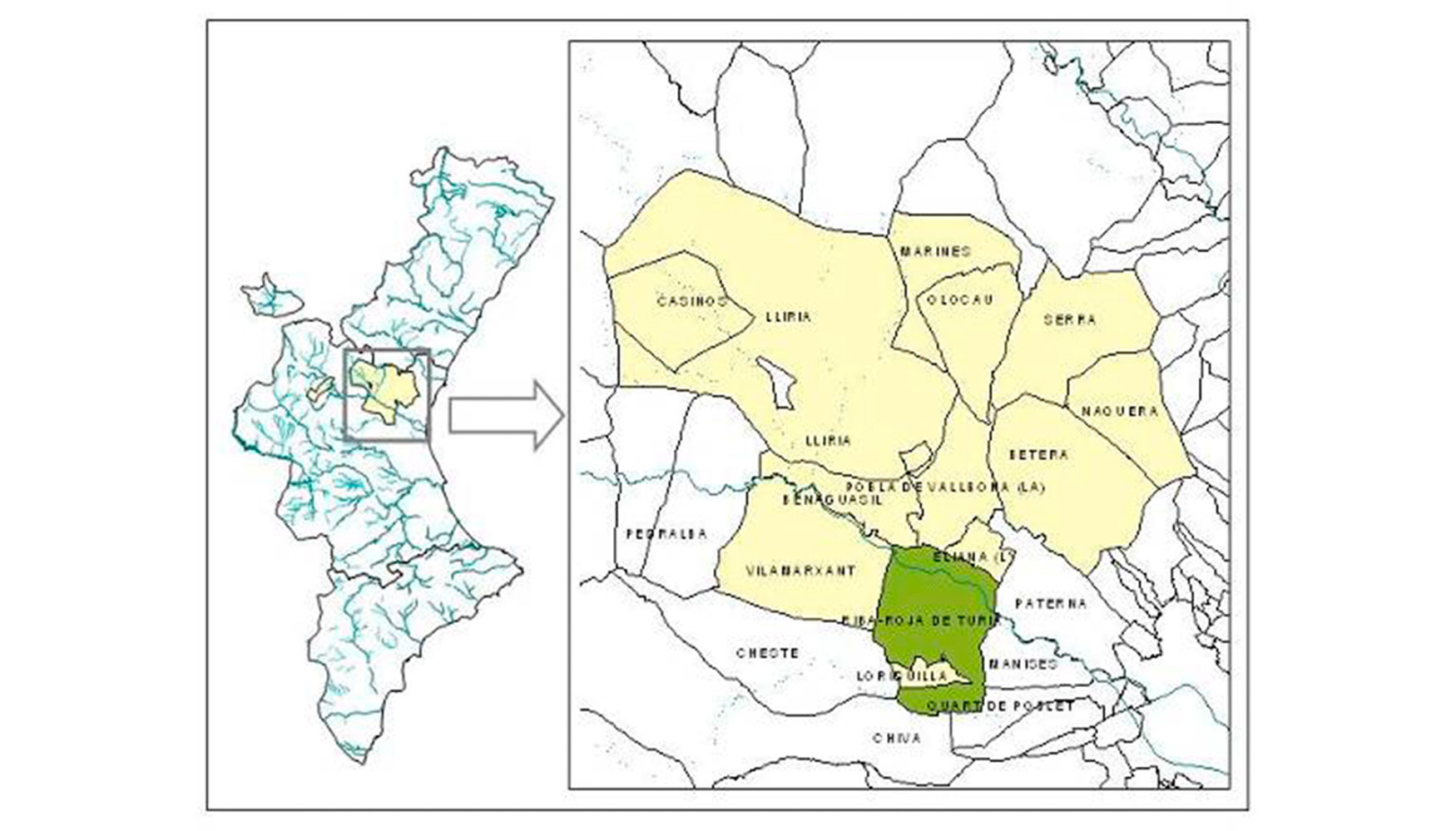 Figura 2. Plano de localizacin de Riba-Roja (en verde) dentro de la comarca del Camp de Tria (en amarillo). Fuente: elaboracin propia...