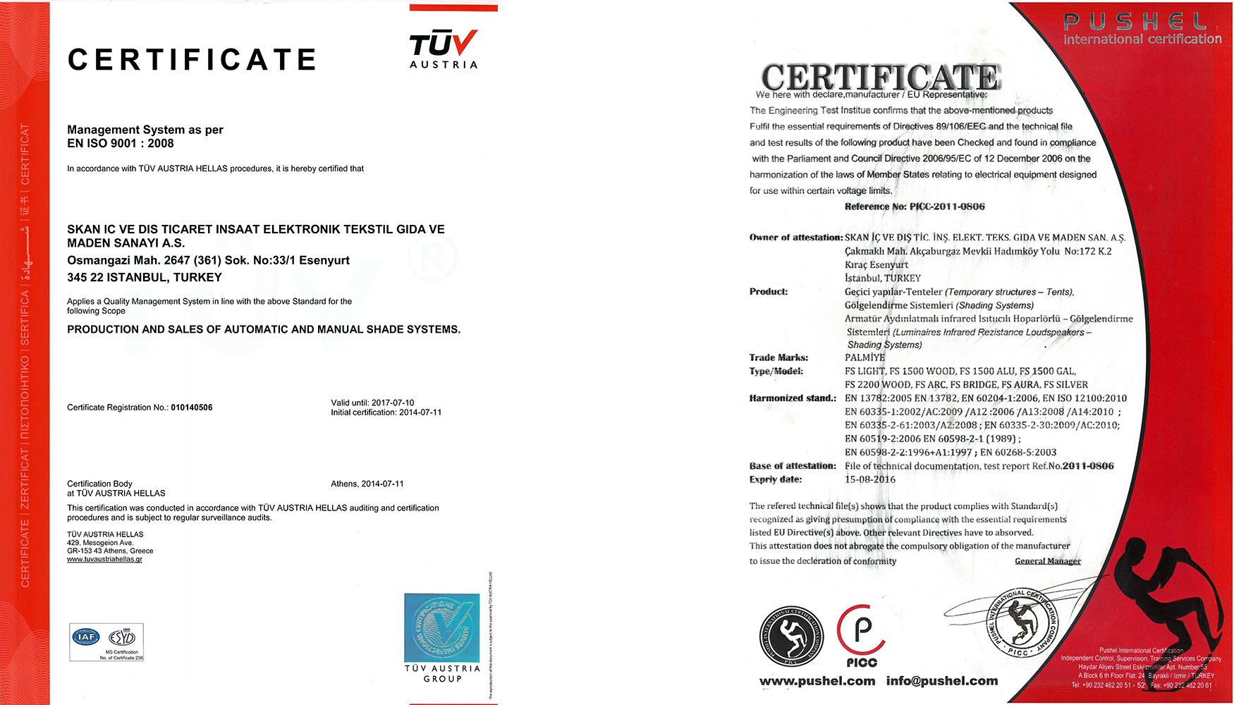 Certificados de TV AUSTRIA HELLAS y de Pushel