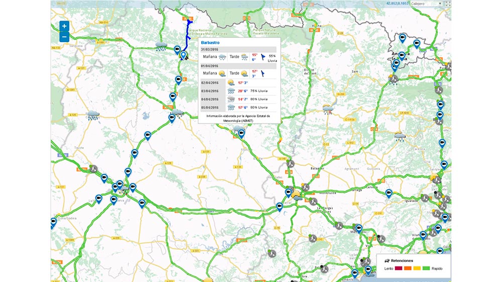 Vista siGEUS web con consulta de prediccin meteorolgica Aemet y estado de las carreteras