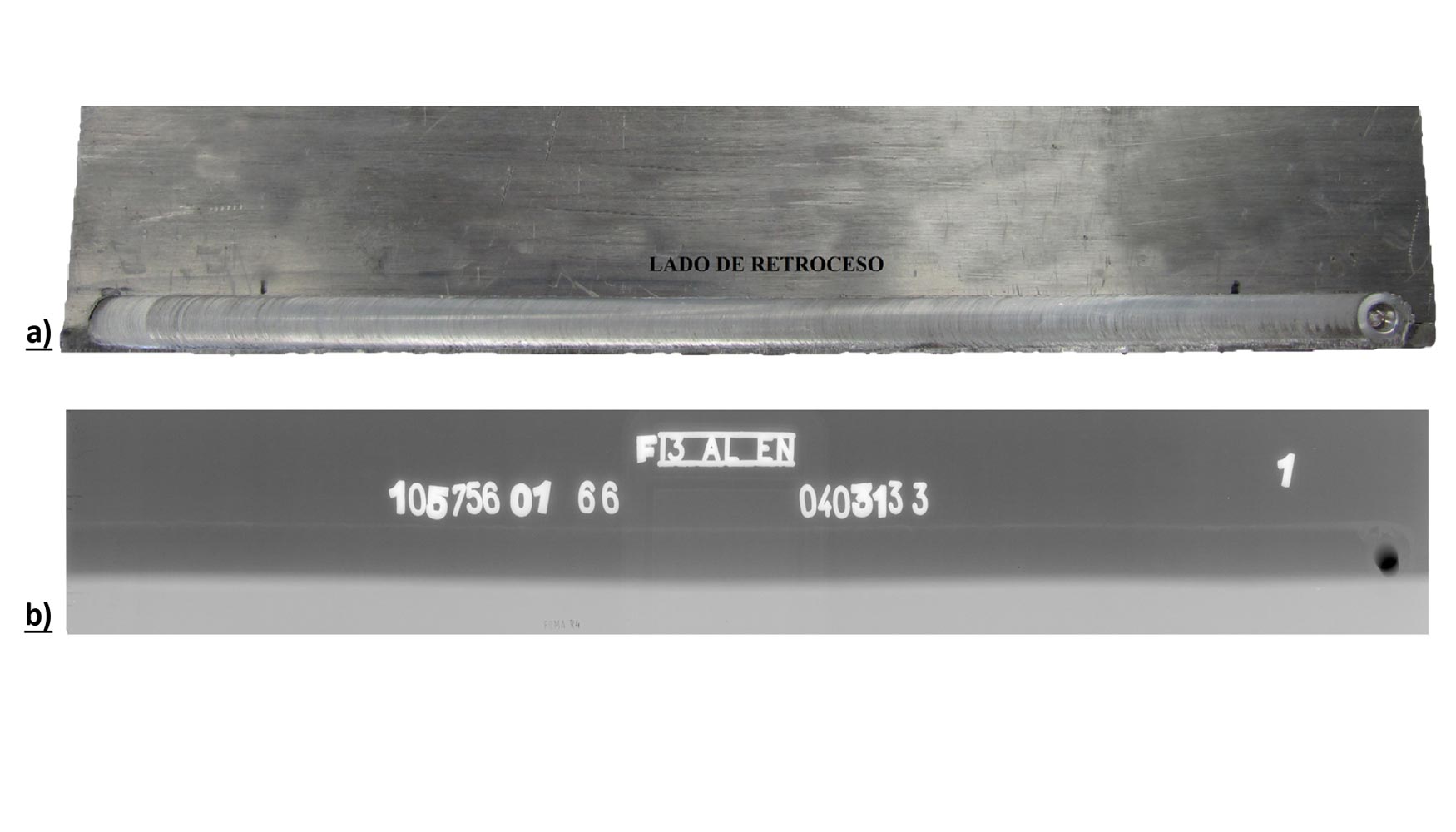 Fig. 7. Cordn de soldadura, a) Aspecto externo y b) Radiografa mostrando ausencia de defectos
