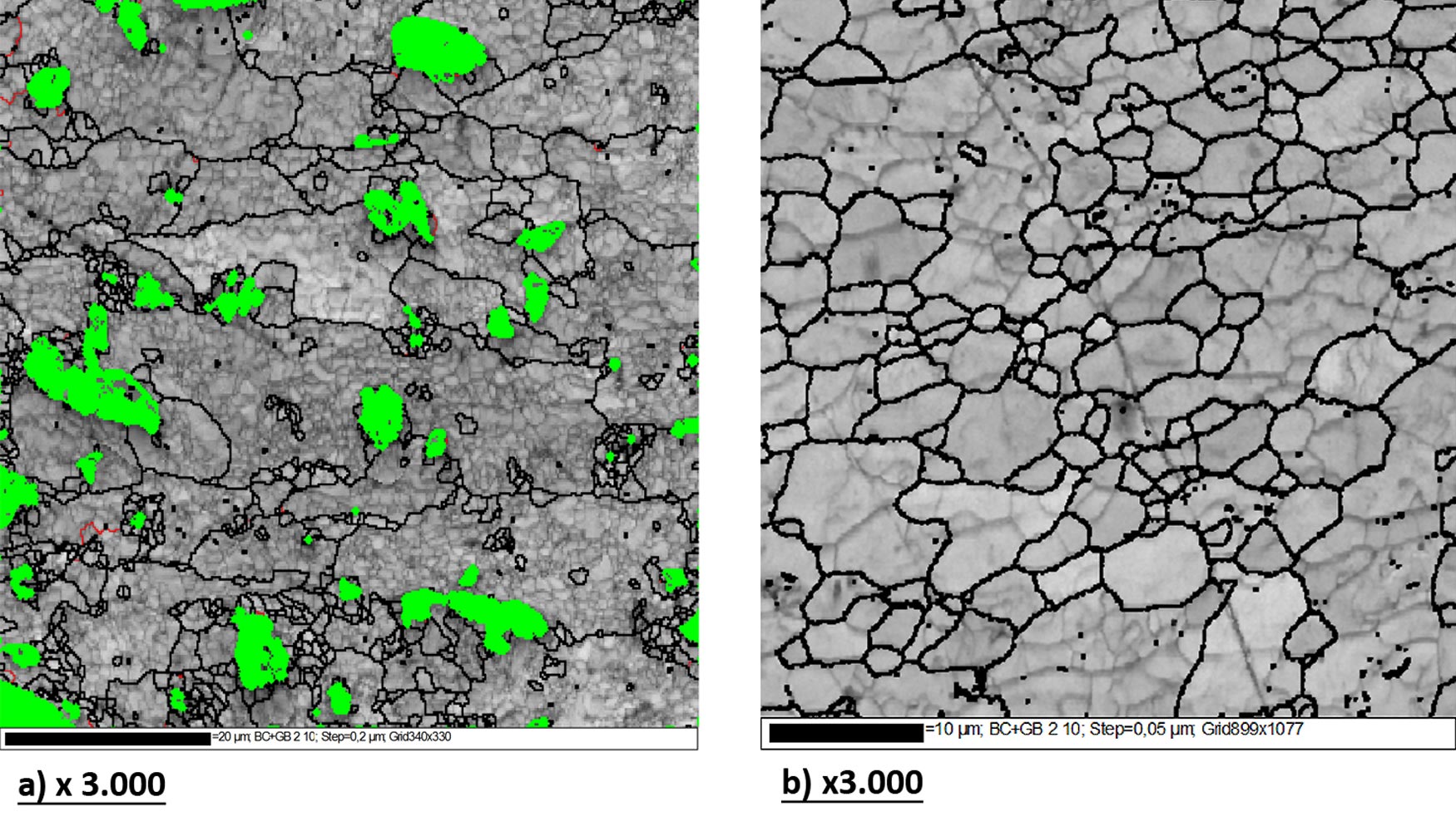 Fig. 9. Mapas solapados (contraste de banda + lmite de grano): a) MB y b) Zona batida...