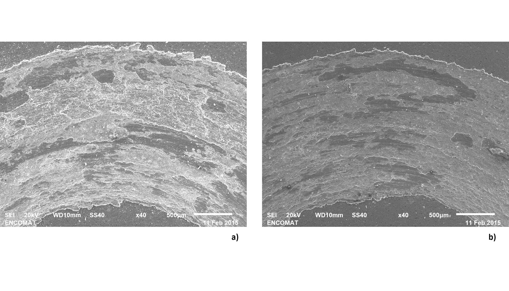 Fig.15. Micrografas de SEM de las huellas de desgaste: a) MB y b) Cordn