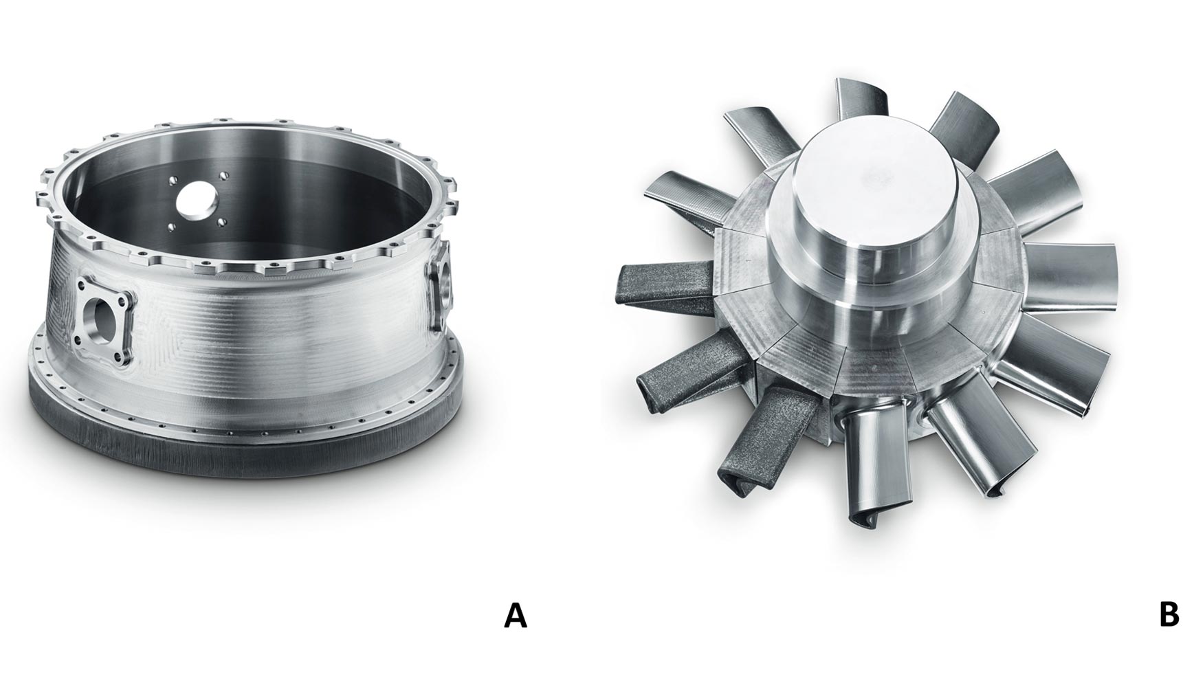 Mecanizado completo de componentes tridimensionales: Carcasa de turbina (A) y blisk (B) para la industria aeroespacial