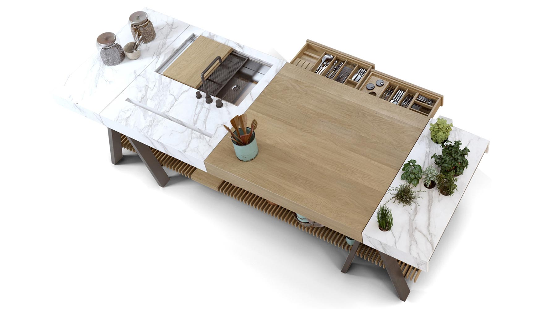 Neolith Calacatta aporta, junto a la madera de roble, contraste y funcionalidad a la encimera