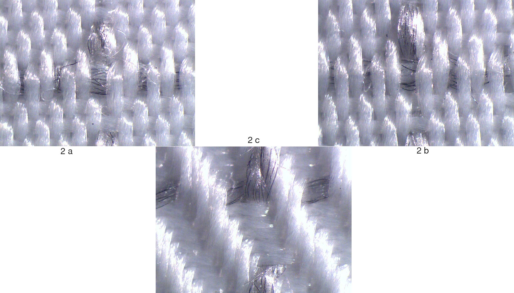 Detalle microscpico de tres de los tejidos ICTEX. Vista ampliada del hilo antiesttico urdido y tramado