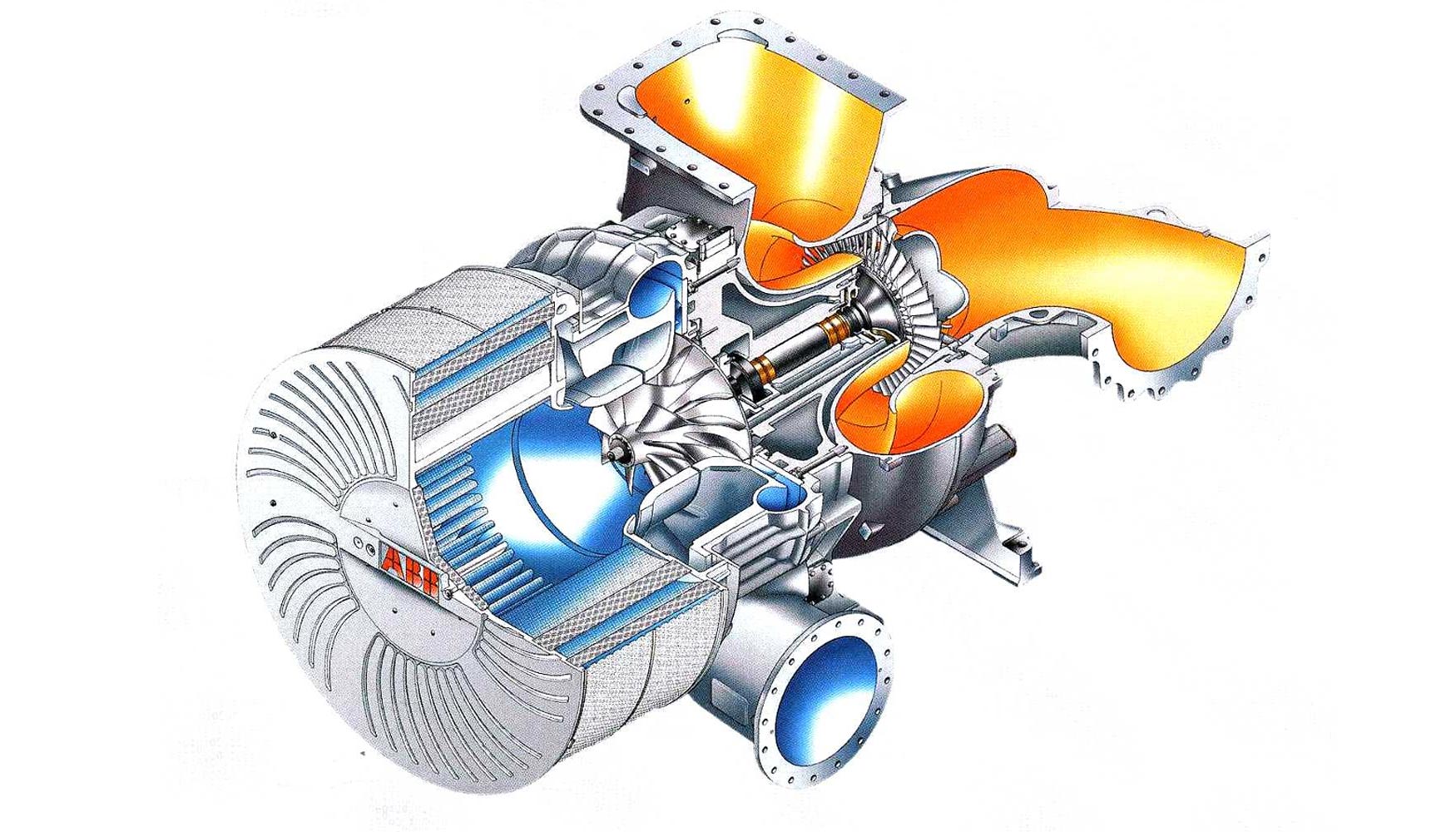 La turbina situada en la vlvula de escape del motor (color rojo) acciona el rotor que comprime el aire de admisin (en azul)...