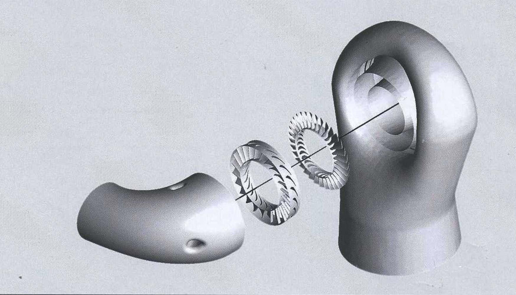 Modelo computacional de la turbina. De izquierda a derecha: colector de admisin, anillo de tobera, rotor y colector de escape...