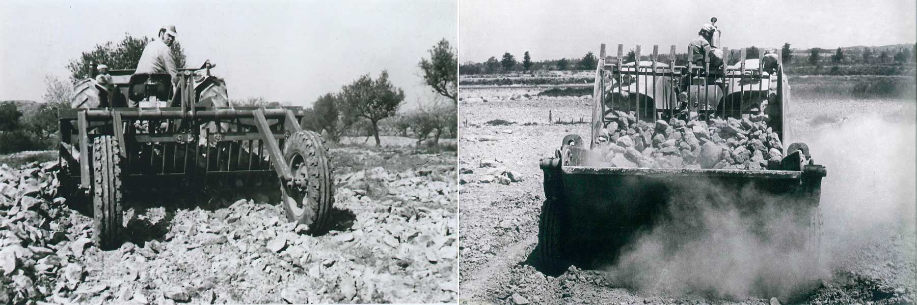 Rastrillo hilerador de piedras Jympa de 1971 (izq.) y despedregadora Jympa de 1973 (dcha.).