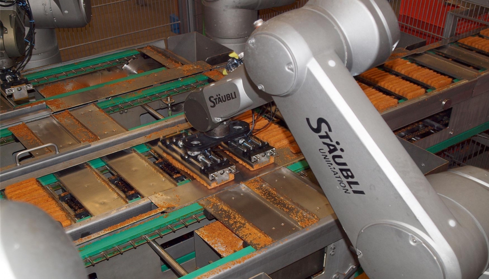 Los robots Stubli son capaces de mantenerse con una velocidad de cinta de 30 metros por minuto...
