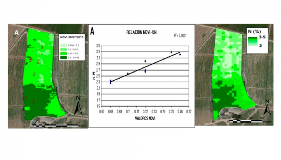 Figura 6: Mapas de NDVI (A) y % de N en hoja (C) realizados en la finca comercial...