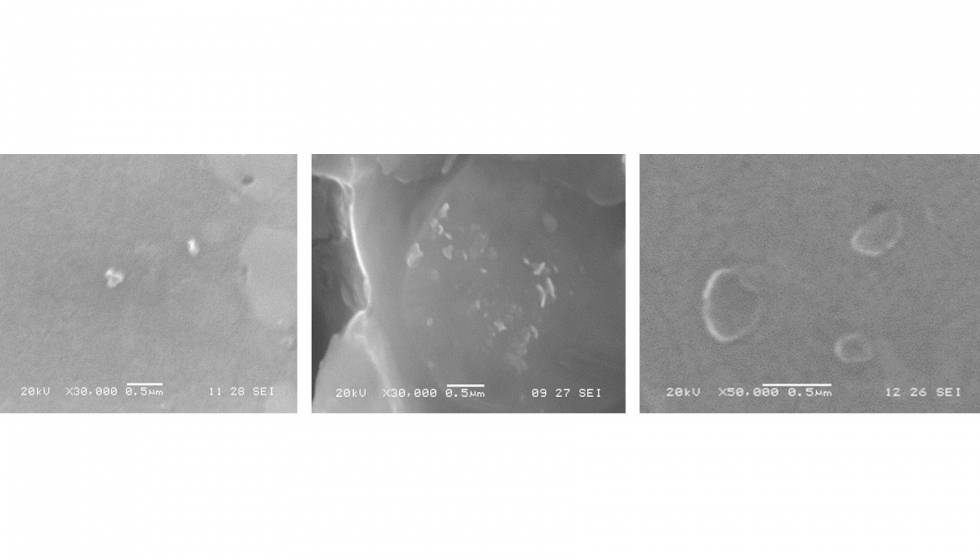Figura 3. Micrografas mostrando la presencia de nanodiamantes en el seno de la aleacin A356 (x30.000 y x50.000)