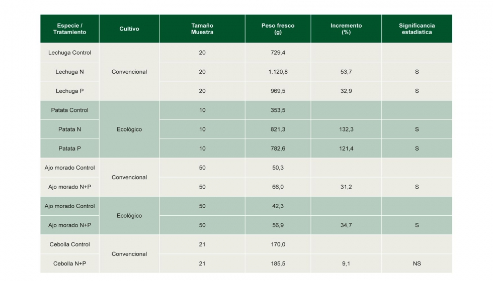 Tabla 1: Resultados de los distintos tratamientos de las especies agrcolas tratadas con biofertilizantes bacterianos (N=A. brasilense, P=P...
