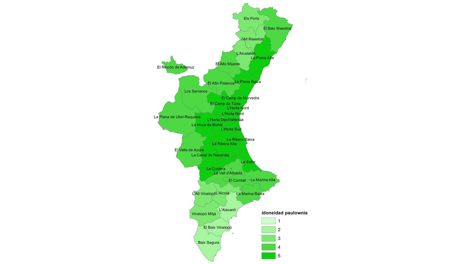 Mapa de idoneidad de la paulownia en la Comunidad Valenciana (1: menor idoneidad; 5: mayor idoneidad)