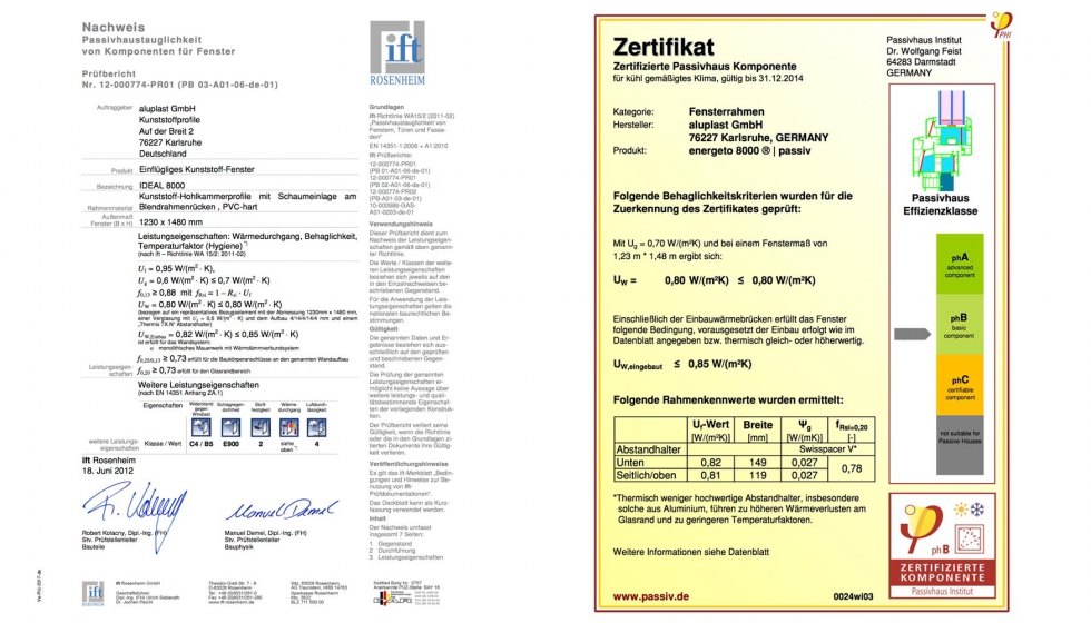 Certificados Passivhaus de sistemas Ideal 8000 y energeto 8000