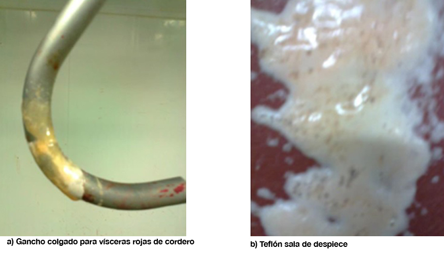 Figura 3: Imgenes de superficies de contacto con alimentos durante el procesado de estos una vez aplicado el espray revelador de contaminacin...