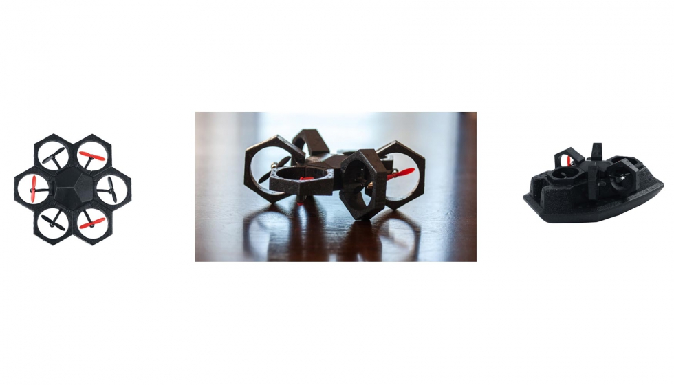 De izq. a dcha., Airblock en modo volador (Drone), en modo tierra (Spider) y en modo acutico (Hovercraft)