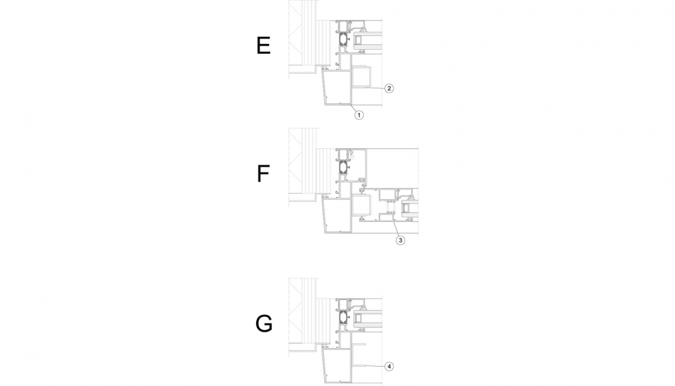 CP 130-EVS section E-F-G: 1. Perfil de marco; 2. Gua con perfil tapeta; 3. Perfil de hoja; 4. Gua; 5. Motor; 6. Perfil tapeta para ventilacin; 7...