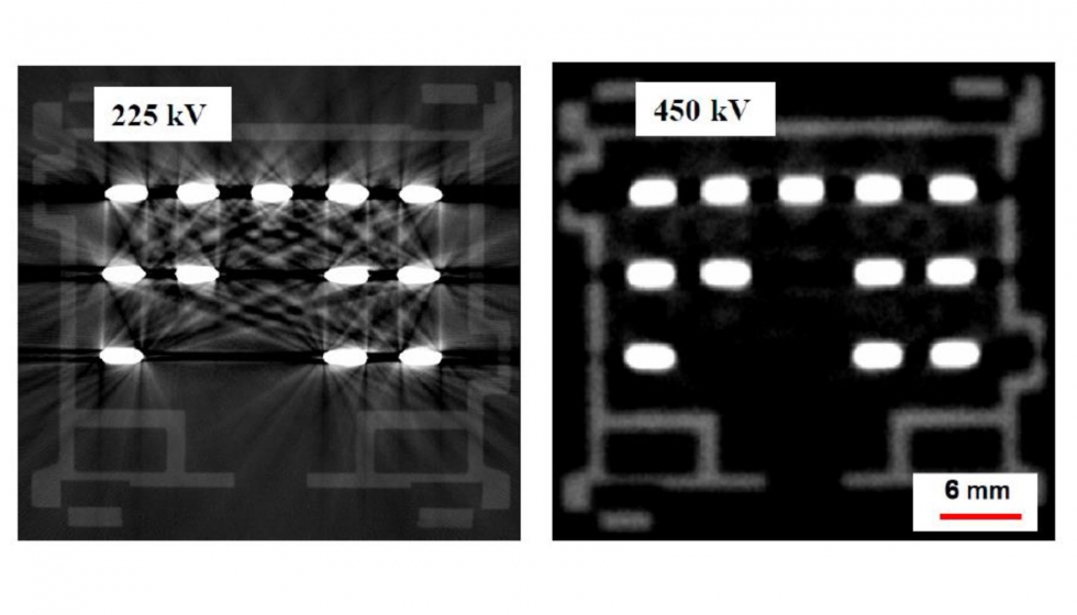 Figura 14. Imagen comparativa de escaneo de pieza de plstico con pins de metal: (Izda) 225 kV (tubo de 200 kV); (dcha) 450 kV (tubo de 300 kV) [31]...
