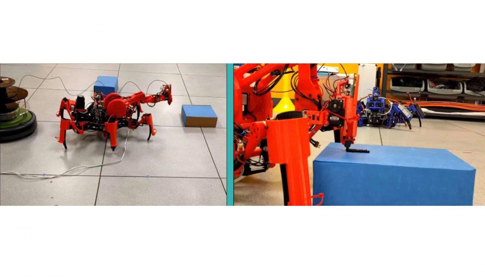 El robot araa, equipado con un cabezal de impresin 3D y acompaado por un robot de logstica que aporta filamento...