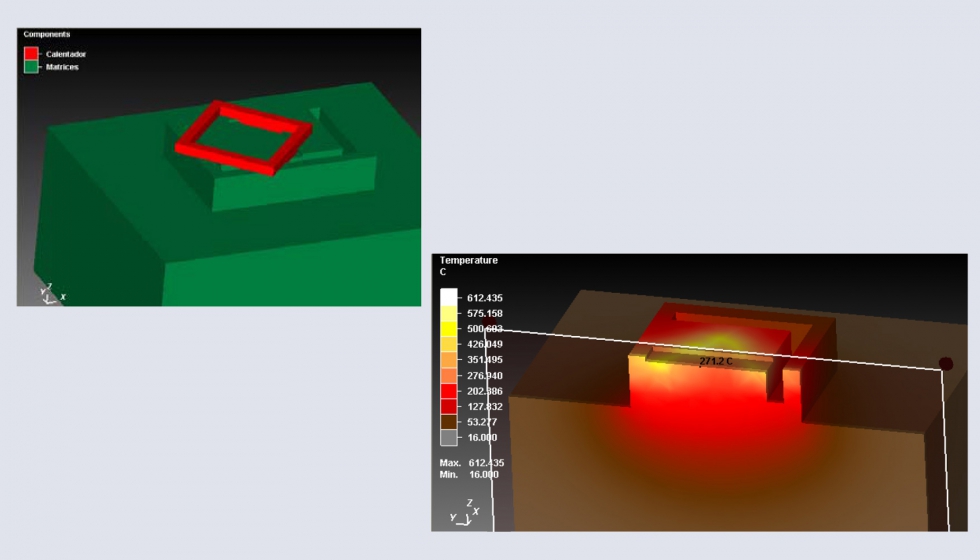 Figura 8: Modelo 3D incorporando la mesa de la prensa y mapa de temperaturas