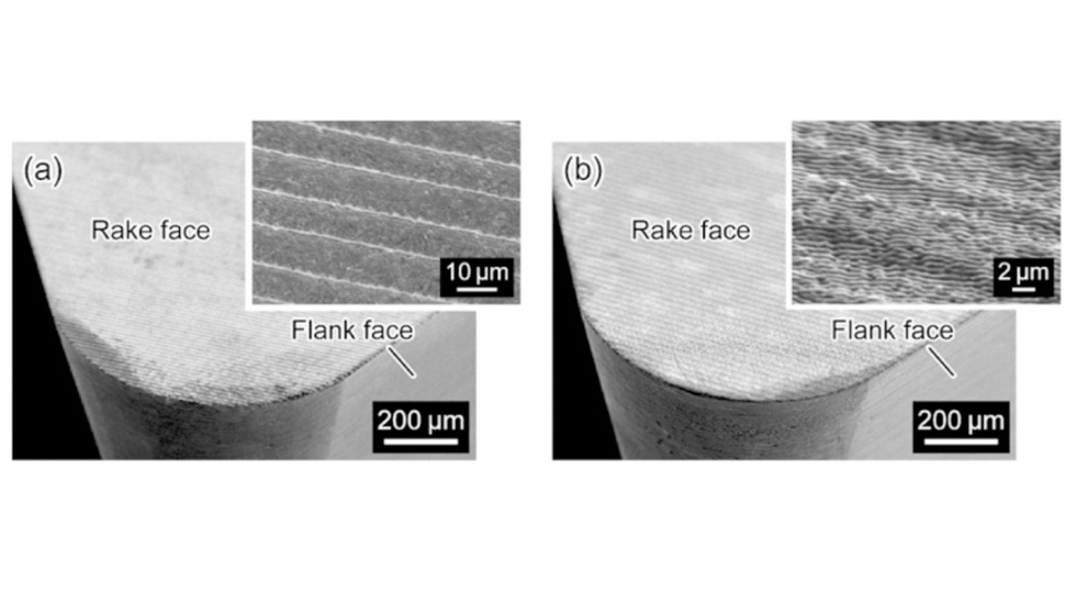 Figura 5. Herramientas con diferentes tipos de texturizado laser. Microtexturizado (a) y nanotexturizado (b). Fuente Kawasegi et al...