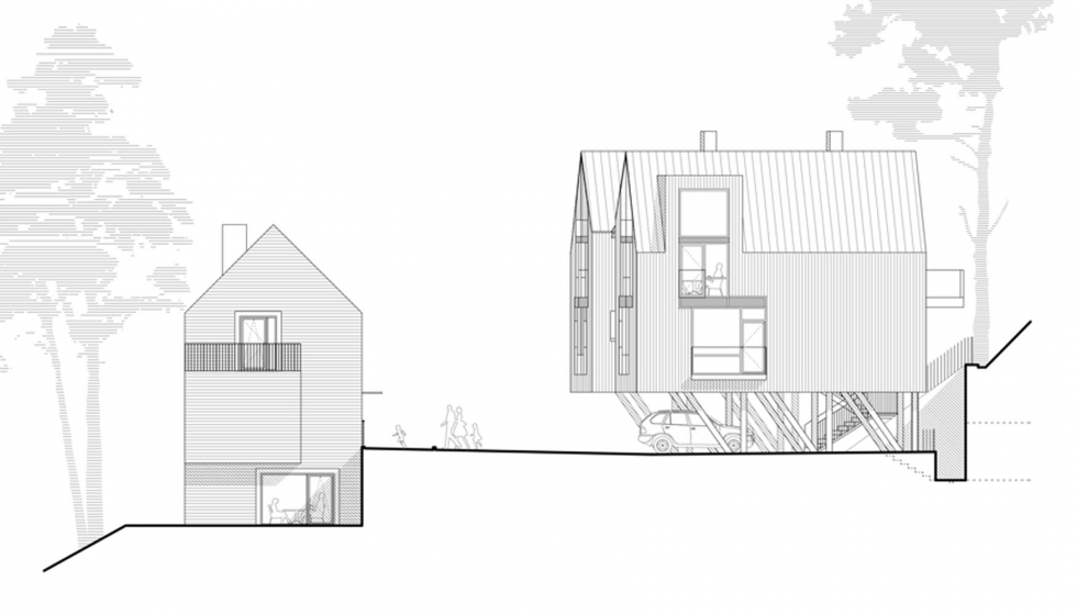 Plano alzado de la Residencia Rasu Namai, diseado por Paleko Arch Studija y Plasma Architekturos Studija