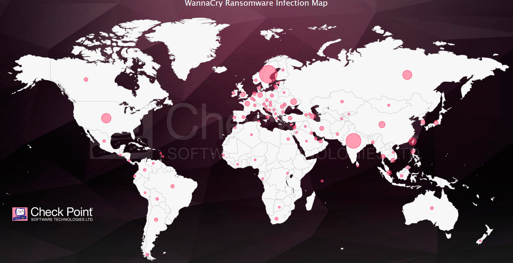 El mapa Check Point WannaCry Ransomware Infection muestra estadsticas de amenazas clave y datos especficos de cada pas en tiempo real...
