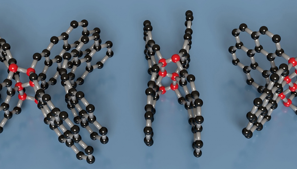 Visualizacin de los diferentes tipos de eslabones diamantados (esferas rojas) formados en superficies curvas o entre las capas de grafeno (esferas...