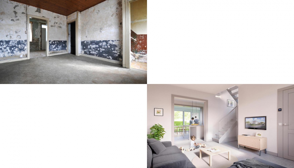 Imagen del saln, antes y tras la renovacin. El concepto RenovActive de Velux se emplear para renovar 86 viviendas