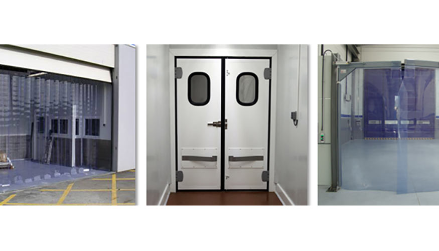 De izquierda a derecha: cortinas de lamas Sdcol, puerta batiente de polietileno y puertas batientes flexibles de PVC