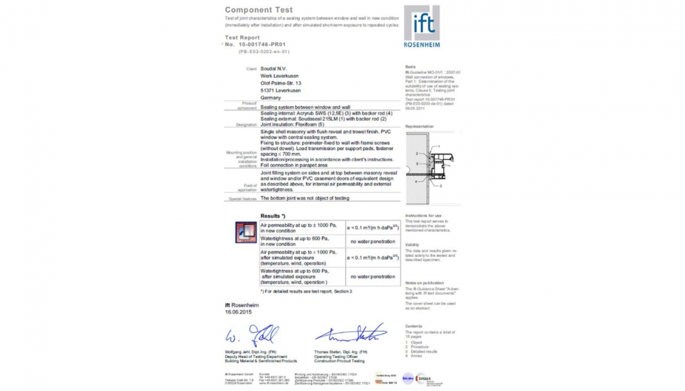 Certificado del ift Rosenheim obtenido por Soudal