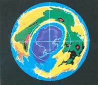 Imagen del agujero de ozono antrtico, obtenida por el Ozone Mapping Spectrometer el 6 de septiembre 2000.A la derecha, la escala en unidades Dobson...