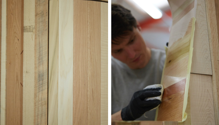 Transicin entre la textura rugosa de las tablas de madera y el acabado pulido de las piezas de mobiliario