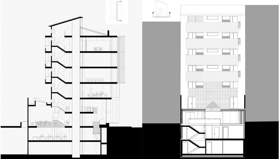 Secciones del edificio Aura Seguros. Imagen: Picharchitects