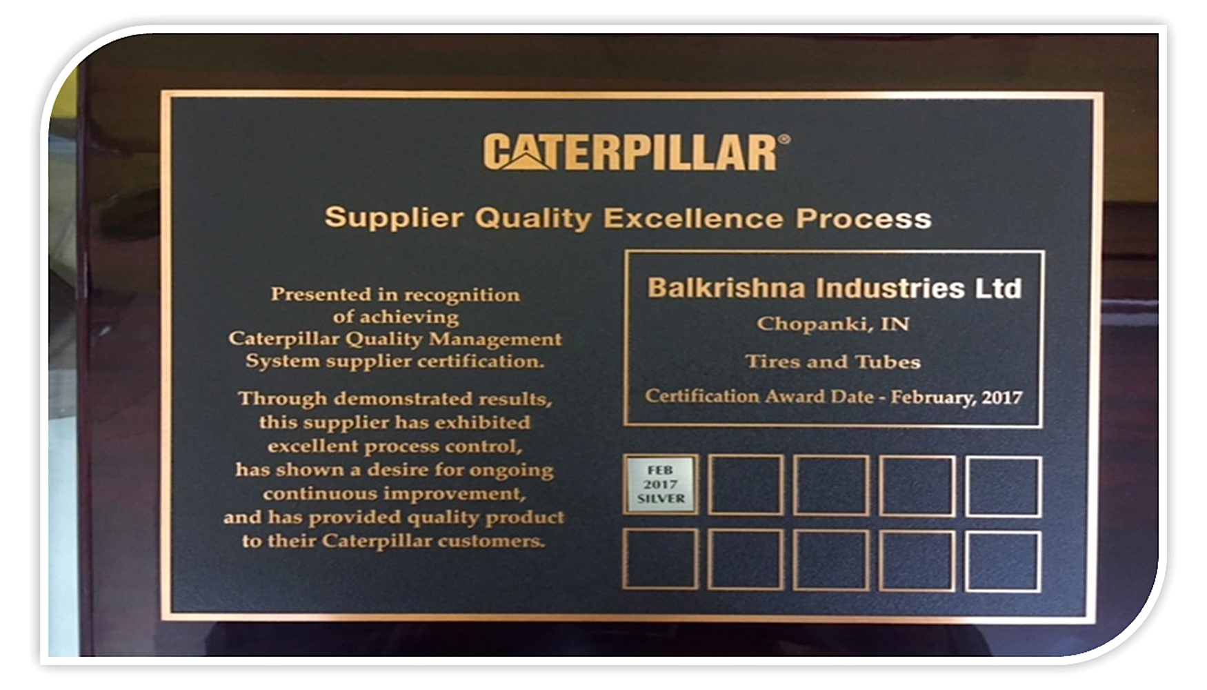 Reconocimiento SQEP Silver Award  Supplier Quality Excellence Process Certification a BKT