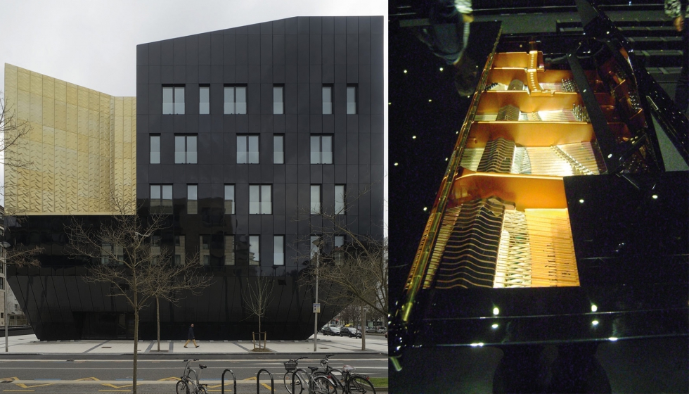 El lacado negro de alto brillo y el dorado de la fachada evocan los acabados de algunos instrumentos musicales, como el piano...
