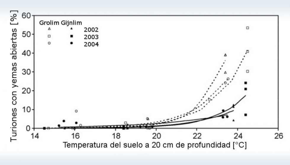 Figura 2: Porcentaje de turiones con yemas abiertas en funcin de las temperaturas en el caballn (A. HEINER, 2006)