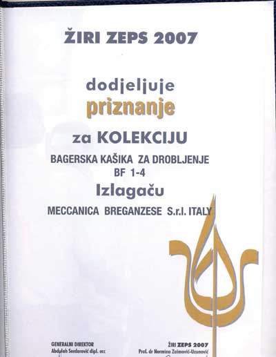Certificado del premio otorgado a Meccanica Breganzese en la feria de Bosnia