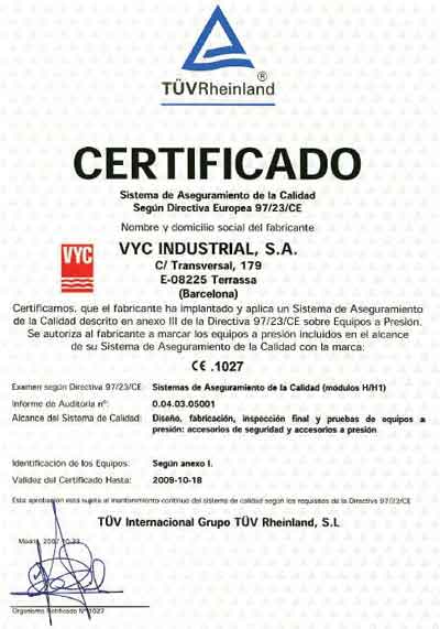 Certificado del Sistema de Aseguramiento de la Calidad adquirido por VYC Industrial
