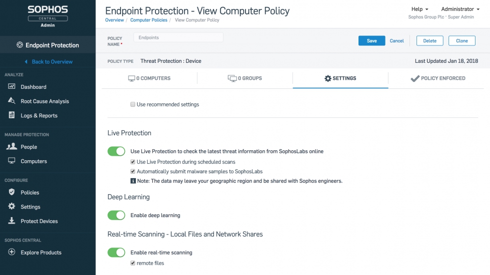 Sophos Intercept X - Policy Settings