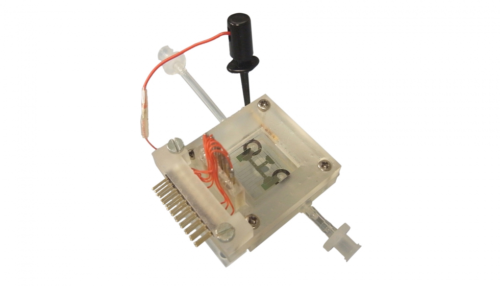 Soporte con chip Ewod y conexiones para la inyeccin de sonda y circuitos. Foto: Fraunhofer FIT