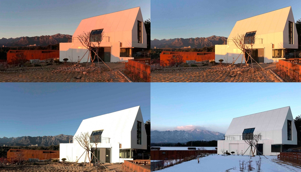 El tejado y la fachada de Hi-Macs Alpine White reflejan el esplendor de la naturaleza y la luz con el paso de las estaciones...