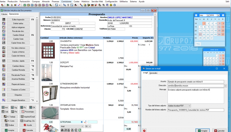Captura de pantalla de InGnio 8 en la que se ve un presupuesto realizado con la Edicin Intuitiva de Documentos, y su envo por e-mail...