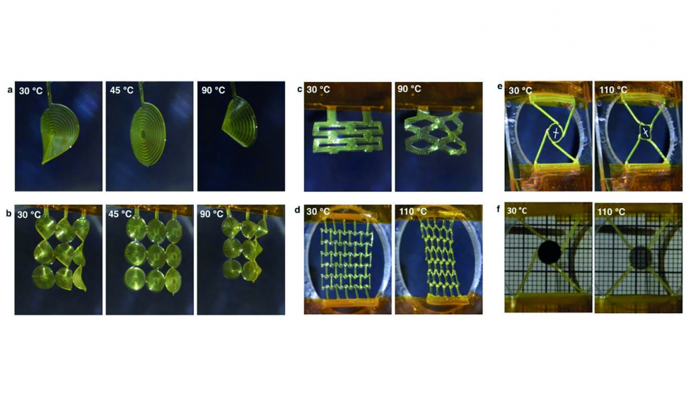 Diferentes elementos impresos con la plataforma 4D desarrollada y su deformacin con la temperatura