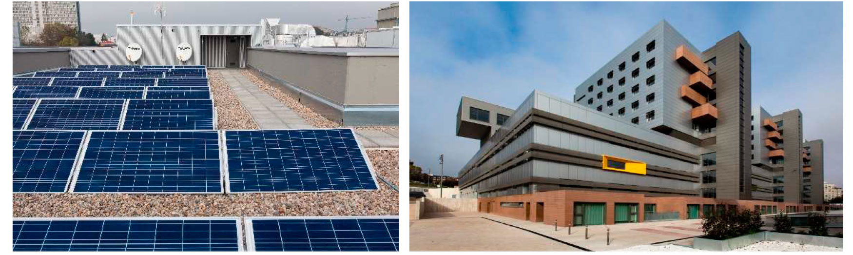 Paneles solares instalados en cubierta y paneles fotovoltaicos instalados en acristalamiento de torres de comunicacin sur del del Hospital Marqus...